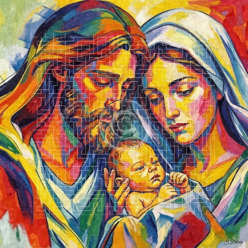Jesus, Mary and Joseph / Impressionist oil painting (60x60 cm)