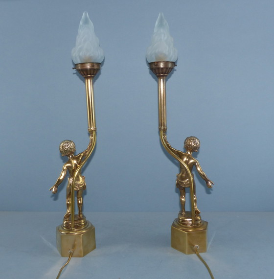 Image 1 of Set Vintage Table Lamps - Candlestick Figures With Flame Shaped Shade - Brass Bring Atmosphere And Class To Your Interior