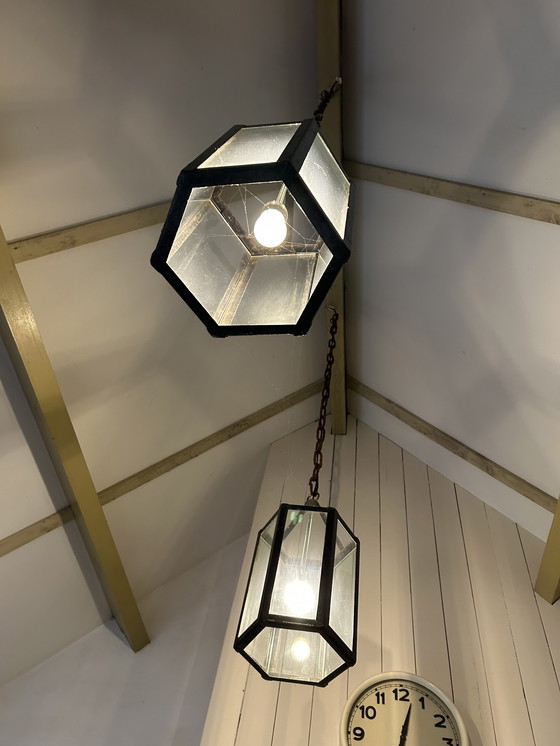 Image 1 of Lampada da sospensione in vetro e acciaio (3 pezzi)