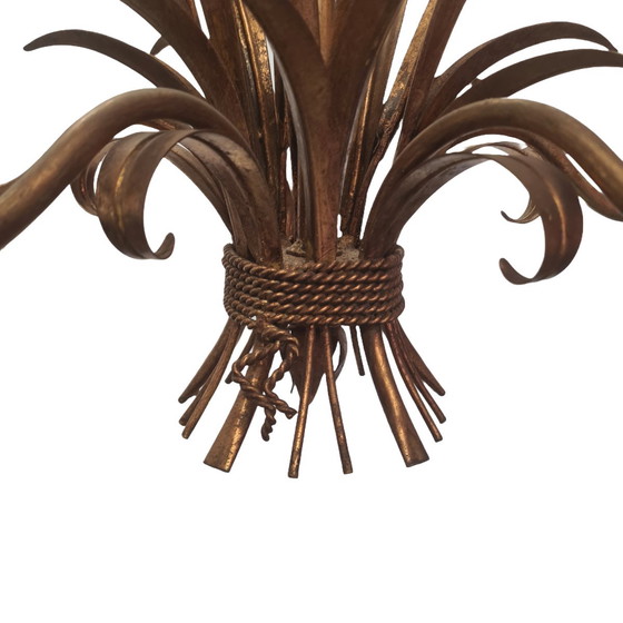 Image 1 of Lampadario vintage placcato oro con spighe di grano e tifa, anni '60