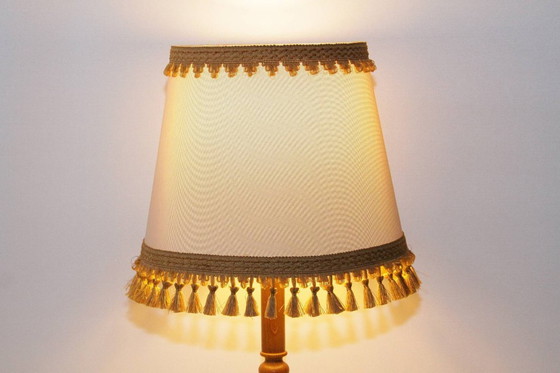 Image 1 of Table lamp wood textile light beige brown fringes 63cm 80s J Vintage