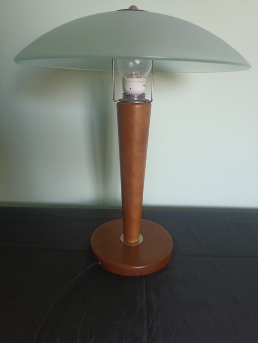 Rare Vintage Lumess "Mushroom" Table Lamp – Swiss Design – Wood & Matte Glass