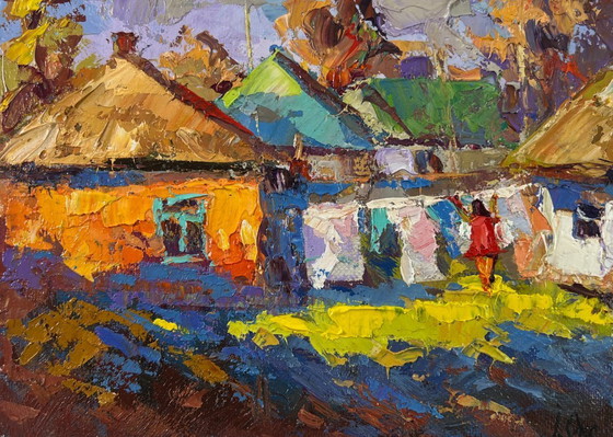 Image 1 of Origineel olieverfschilderij: Zomerdorplandschap, een zonnige dag op het platteland.