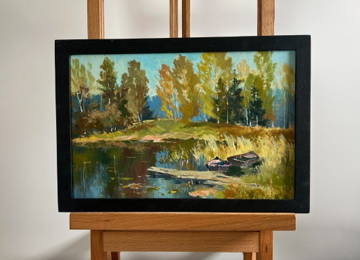 Original Oil Painting Autumn Forest Landscape Forest reflection in a pond