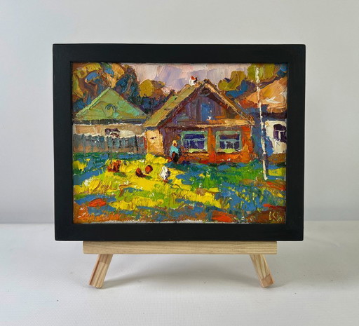 Original Oil Painting Evening Village Landscape Returning home