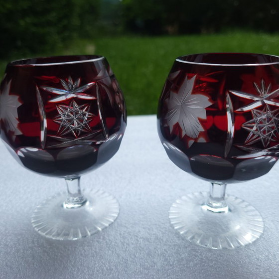 Image 1 of 6 copas de coñac de cristal tallado, Euby amatista, vid y estrella, Alemania
