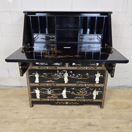 Image 1 of Vintage Chinese Lacquer Secretary / Desk with Mother-of-Pearl Overlay / Bohemian / Oriental Cabinet