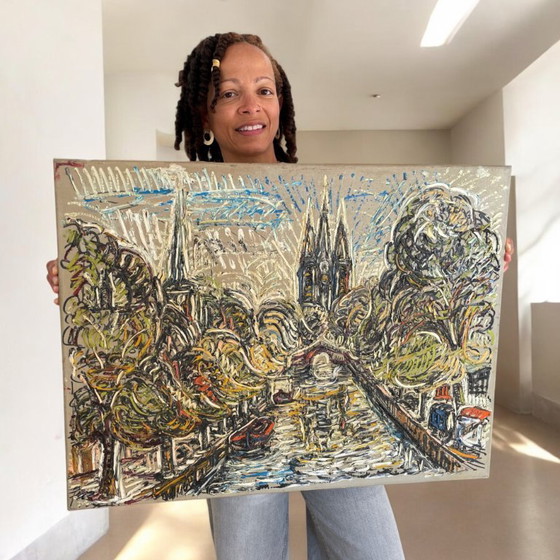 Image 1 of 1961 Dipinto in stile Van Gogh della Oude Kerk vista dal canale Oude Delft