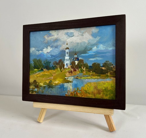 Original Oil Painting Summer Church Landscape Golden domes of the church