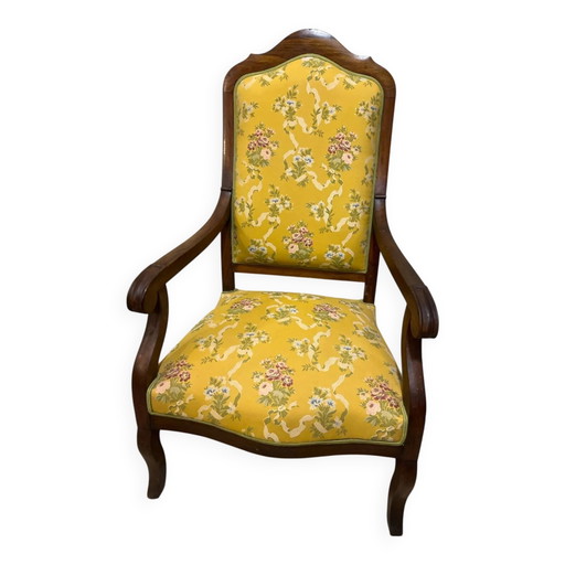 Sessel im Louis XV Stil aus Massivholz, gelber Blumenstoff.