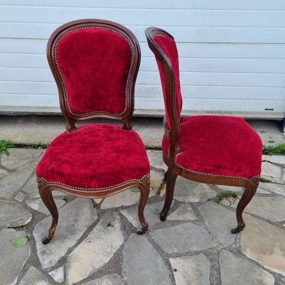 Image 1 of Louis XV chairs, mahogany & red velvet
