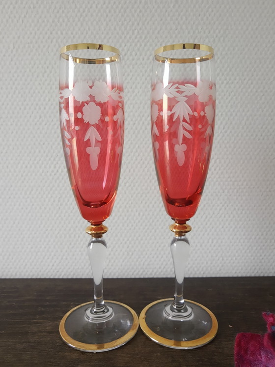 Image 1 of Set vintage kristallen Janus champagneglazen flutes met bladgoud