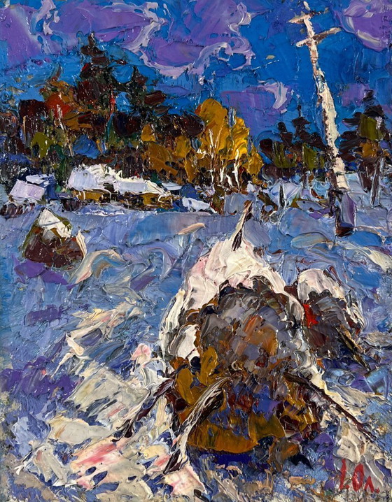 Image 1 of Original Oil Painting Winter Field Landscape Snow enveloping the forest