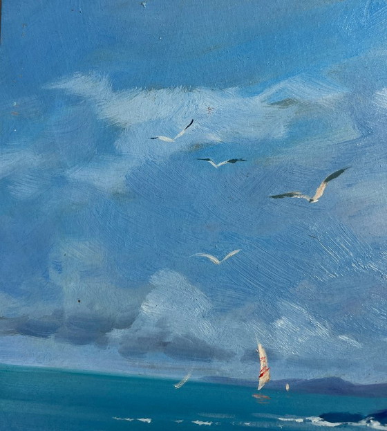 Image 1 of Pintura al óleo original Paisaje de rocas marinas Brisa marina en un día despejado