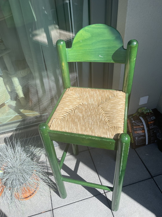 Image 1 of 2x Vintage green lacquered rush-seat bar stools. Attributed to Hank Loewenstein Padova / Vico Magistretti Carimate style.