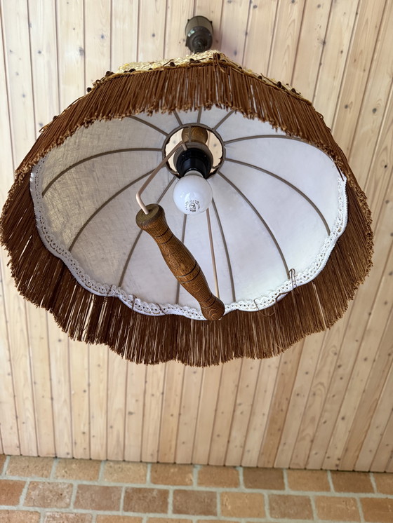 Image 1 of Lampada a sospensione/tirante vintage con frange e paralume in tessuto