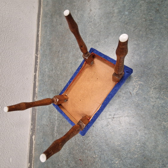 Image 1 of Vintage footstool cobalt blue newly upholstered stool footstool oak 1960s