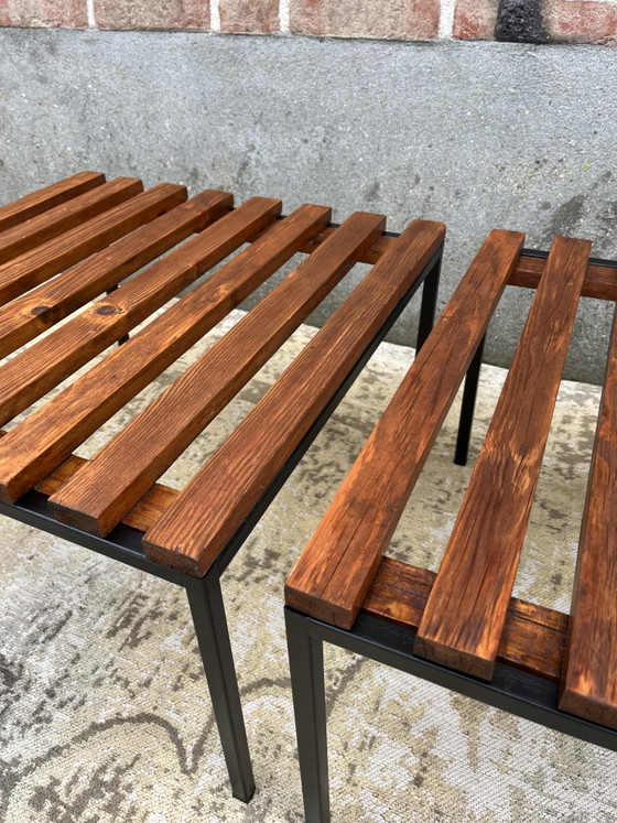 Unique set of three vintage mid-century MCM slat benches – Side tables, Wood, Metal (photo 6 of 11)