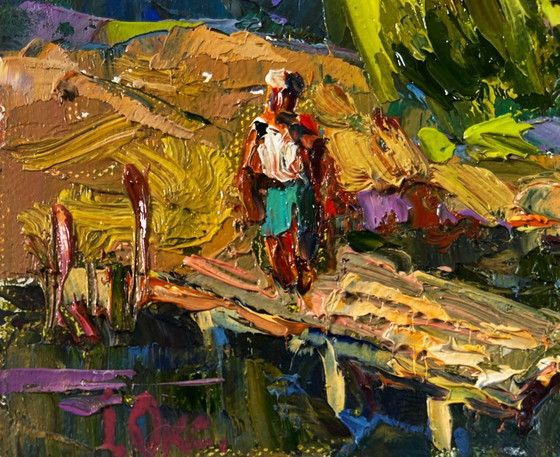 Image 1 of Original Oil Painting Summer Coastal Landscape Vacations in the village sun