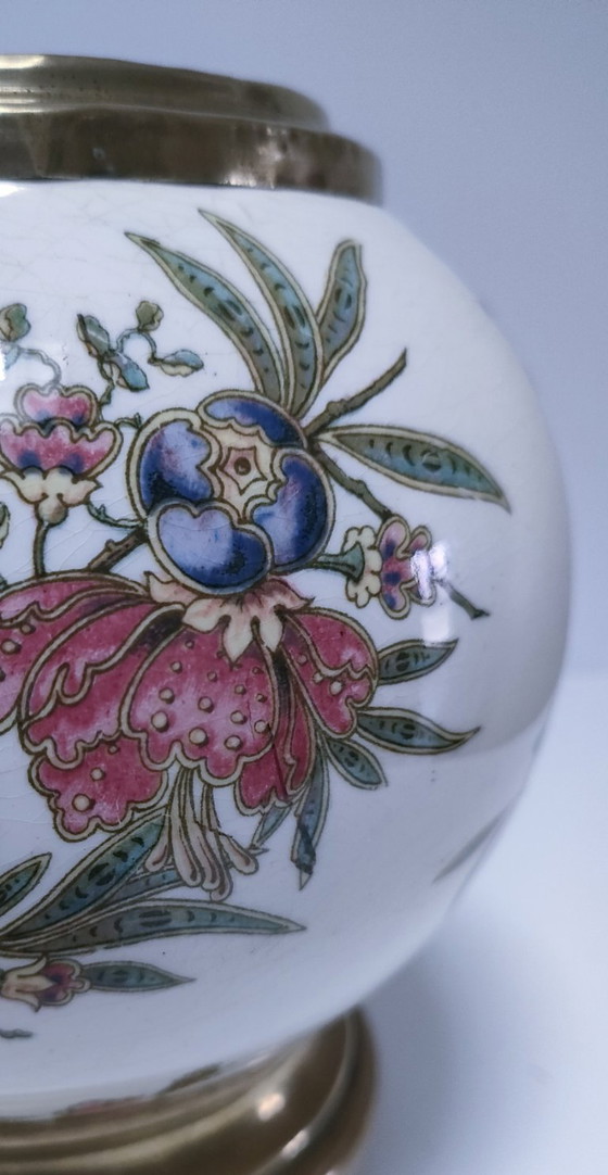 Image 1 of Earthenware and brass ball vase with flowers and insects, early 20th century