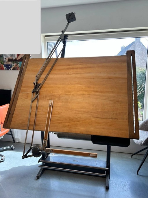 Superbe table à dessin avec piètement en métal Raoul Simon Franz Kuhlmann – bureau, Wood