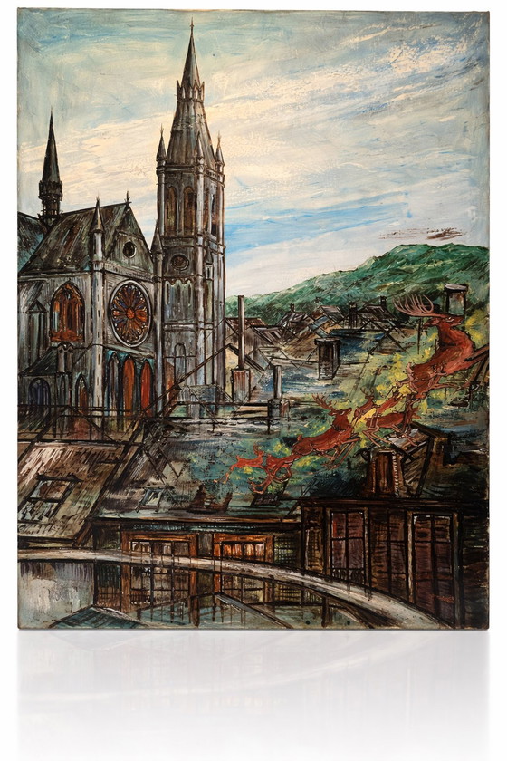 Image 1 of Monumentaal architectonisch stadsgezicht uit het midden van de 20e eeuw — Origineel schilderij (1961)