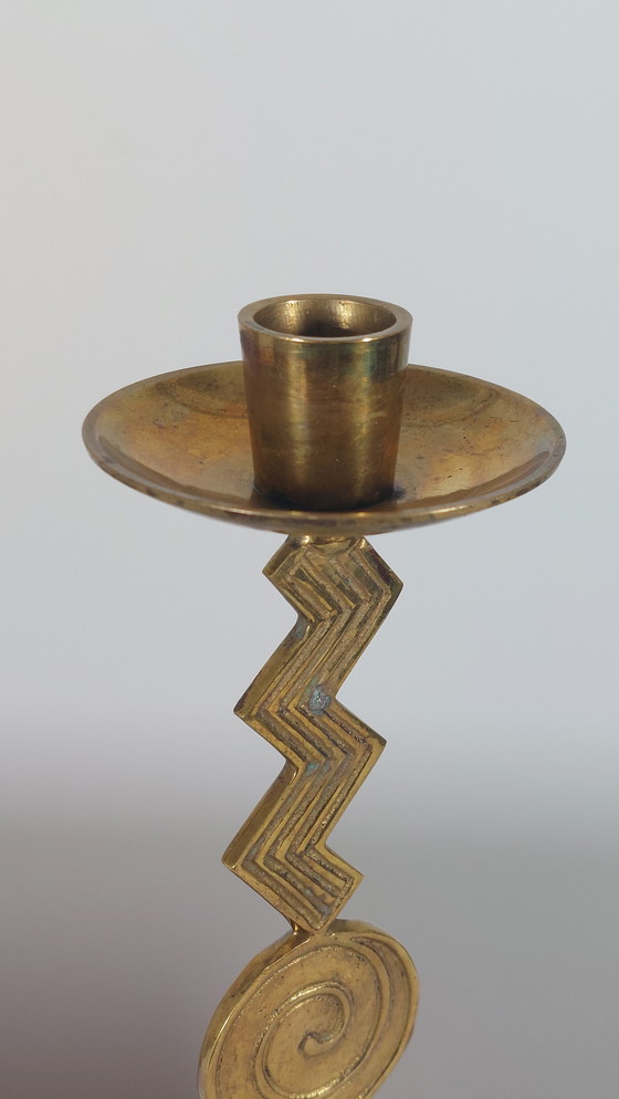 Image 1 of Pair of patinated vintage brass candlesticks, Memphis style, 1980s