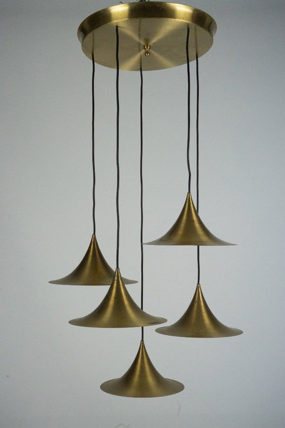 Image 1 of Fog & Morup, Midcentury Brass Pendant with Five Pendant Drops. Danmark, 1960s