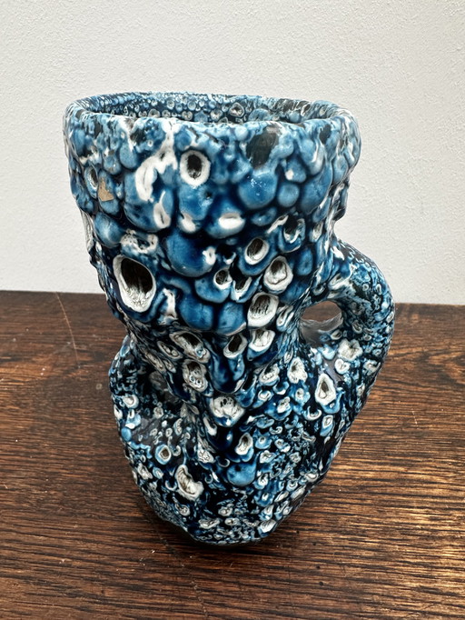 Small Vintage Fat Lava Blue Ceramic Vase