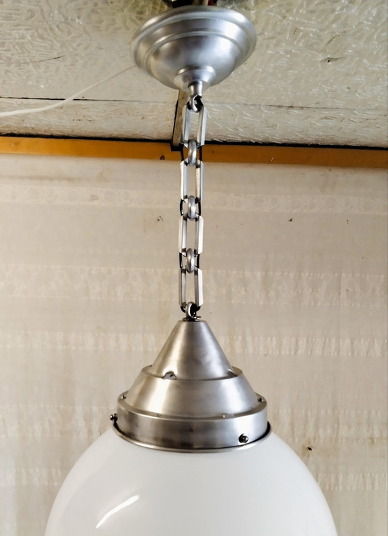 Image 1 of XXL opal glass globe industrial pendant light - 1940s/50s
