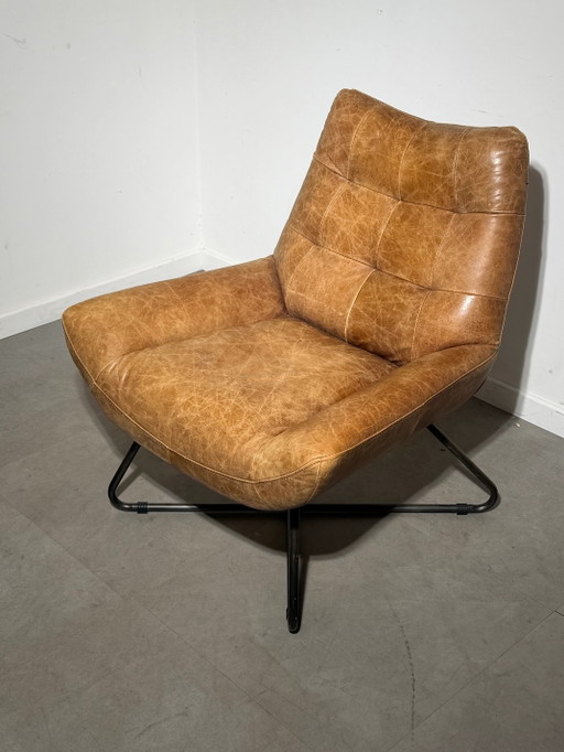 Cognac Lederen Fauteuil met Industriële Metalen Basis
