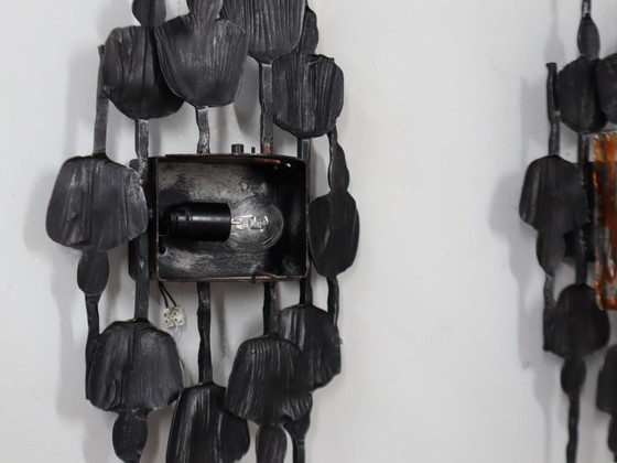 Image 1 of Ensemble de 3 appliques / lampes murales Brutalist en verre de Murano Italie 1970