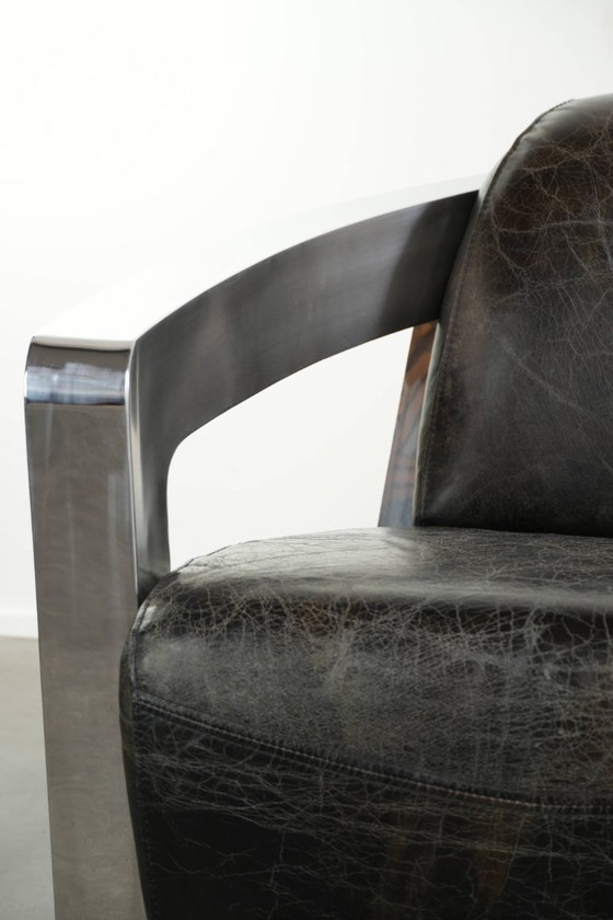 Industrial set of two black cowhide Aviator design armchairs with aluminium and rivets – Leather (photo 11 of 14)