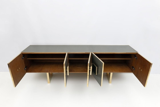 Image 1 of Buffet de bar italien postmoderne en verre coloré et laiton, années 1980