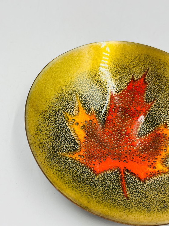 Image 1 of Enamelled leaf trinket tray signed Jules Perrier, artisan from Quebec