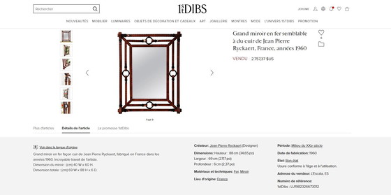 Image 1 of Iconic Large Mirror 1960's Design Jean-Pierre Ryckaert en Métal Façon Cuir Sellier à Surpiqures