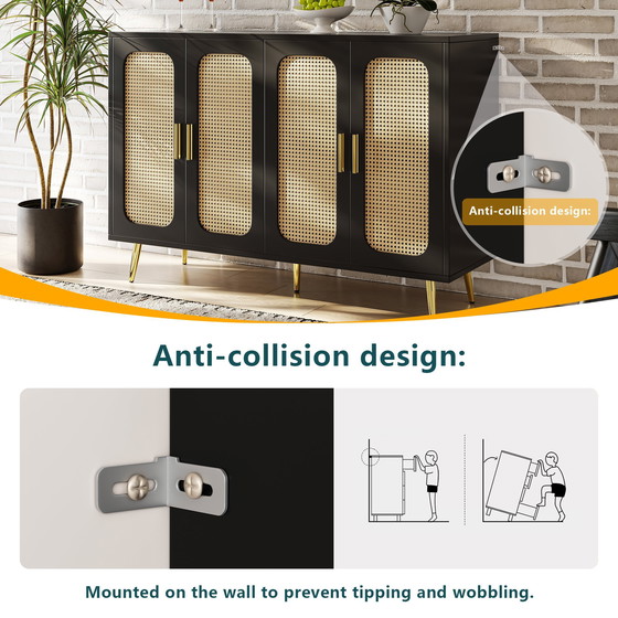 Image 1 of Urban Meuble zwart rotan dressoir met 4 deuren en gouden handgrepen en pootjes, 120 x 30 x 89 cm, STUGMAN