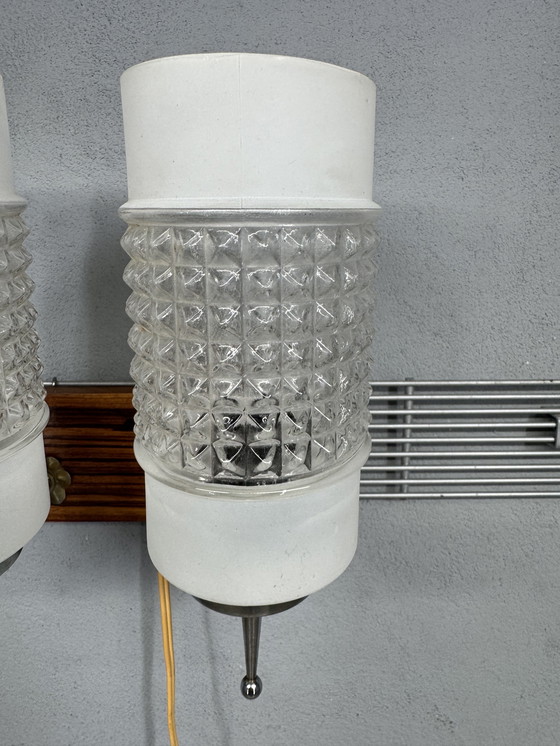 Image 1 of Lampada da parete vintage con tubi di vetro e piastra posteriore in legno