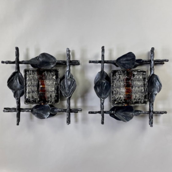 Image 1 of Pair of Brutalist wall sconces – Hand-Forged iron with Artistic glass – Italy 1960s–70s