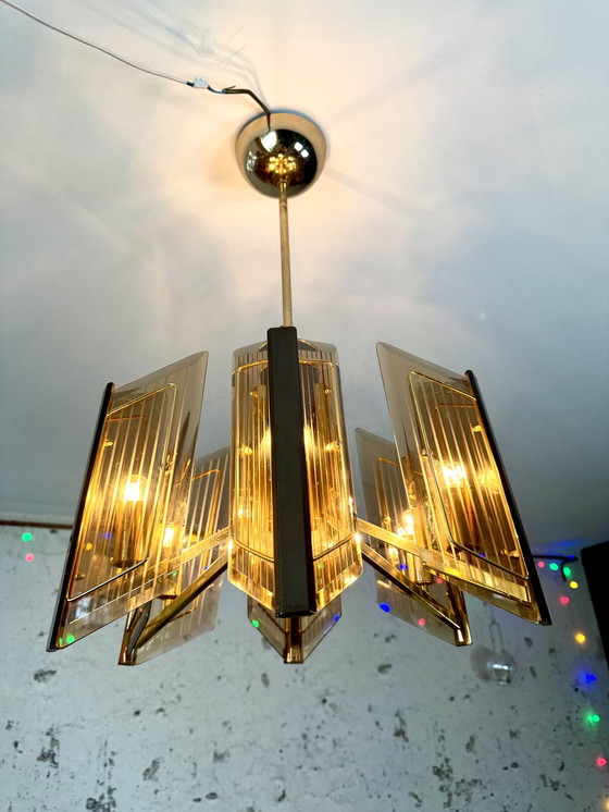 Image 1 of Massive Vintage Design Brass Chandelier With Etched Glass