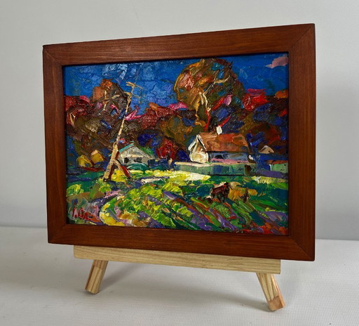 Original Oil Painting Evening Houses Landscape Autumn has come to the village