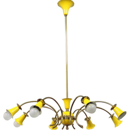 Lampadario vintage in ottone e metallo laccato giallo, Italia 1950