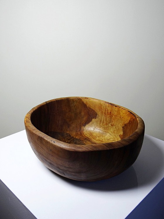 Image 1 of Large bowl made from a single piece of turned olive wood, 1950s-1970s