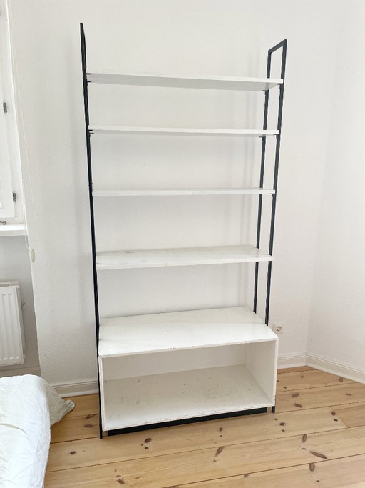 Libreria Mid Century Metallo nero Legno bianco, Autoportante 200 cm