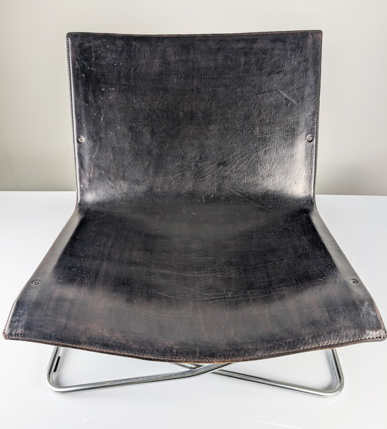 Image 1 of Lounge Chair italiana in pelle nera e cromo anni '80