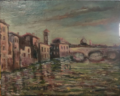 Enzo Volta - Veduta di Roma (Tevere), 1977 - Olio su tavola
