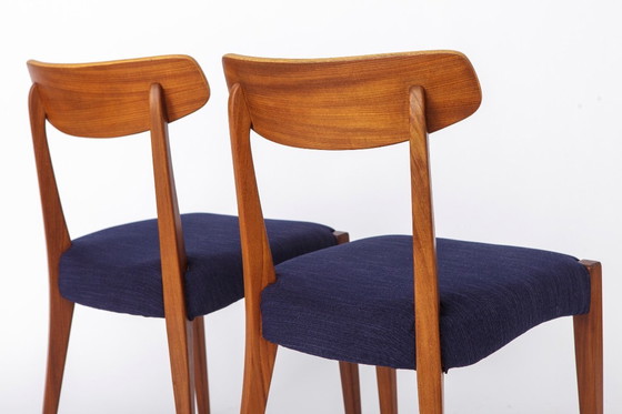 Image 1 of Set of 3 Danish Teak Chairs 1960s, Vintage Mid Century Dining Chairs, Dark Blue Upholstered Seats