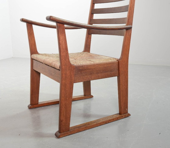 Image 1 of Very Rare Single Bas van Pelt Brutalist Oak Armchair with Woven Rush Seat for My Home. The Netherlands, 1940s.