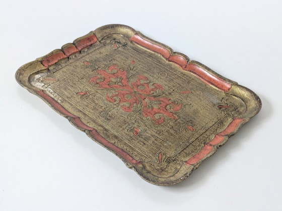 Image 1 of Vintage Florentine Gilt Wood Tray | Hand-Painted Orange & Gold | Midcentury Italian Baroque Decor