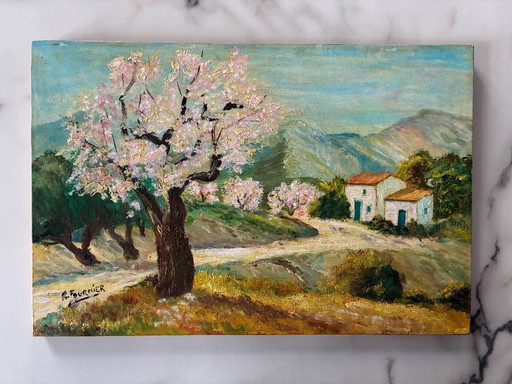 Petit tableau huile sur contreplaqué "Printemps"